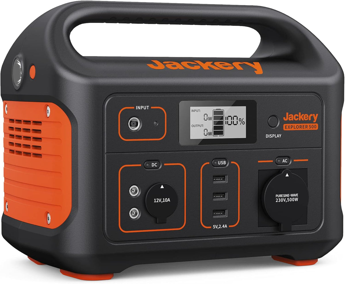 Jackery Explorer 500, 518Wh Tragbare Powerstation Mobiler Stromspeicher mit 230V/500W (Spitze 1000W) Steckdose + USB, Mobile Stromversorgung mit LCD-Anzeige für Party, Camping, Wohnmobil, Heimwerken