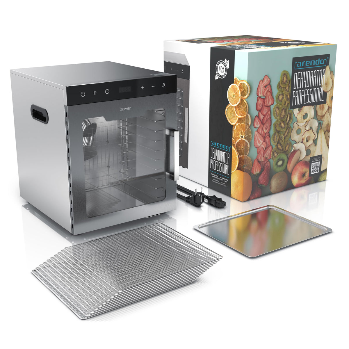 Arendo - Stainless steel dehydrator 8-fold - 500 watts with temperature control - dehydrator for food meat fruits fruit mushrooms - timer up to 24 hours - 8 compartments - GS - dehydrator