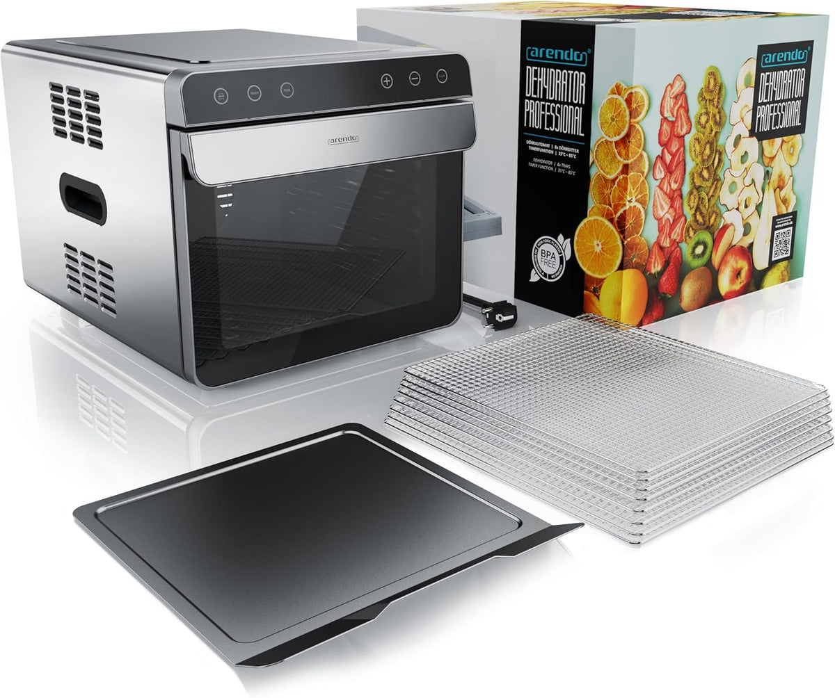Arendo - Dörrautomat Edelstahl mit 8 Edelstahlgitter - 700 W - 35°-85°C - 8 Edelstahl Einlegetabletts mit insgesamt 6700 cm² - Dörrgerät Dehydrator Obsttrockner Dörrapparat - Obst Fleisch Pilze uvm