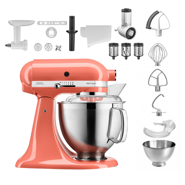 KitchenAid 4,8 L 5KSM185 Artisan Küchenmaschine Profiset Fleischwolf+Spritzgebäck+Gemüseschneider+Pürie