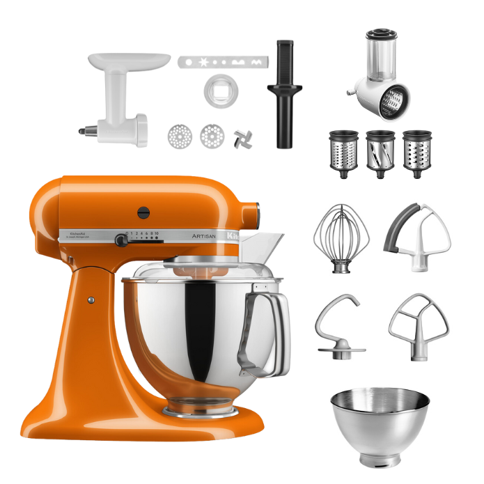 KitchenAid 4,8 L 5KSM175 Artisan Küchenmaschine Allrounderset mit Gemüseschneider+Fleischwolf+Spritzge