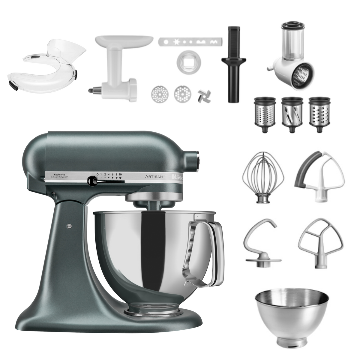 KitchenAid 4,8 L 5KSM175 Artisan Küchenmaschine Allrounderset mit Gemüseschneider+Fleischwolf+Spritzge