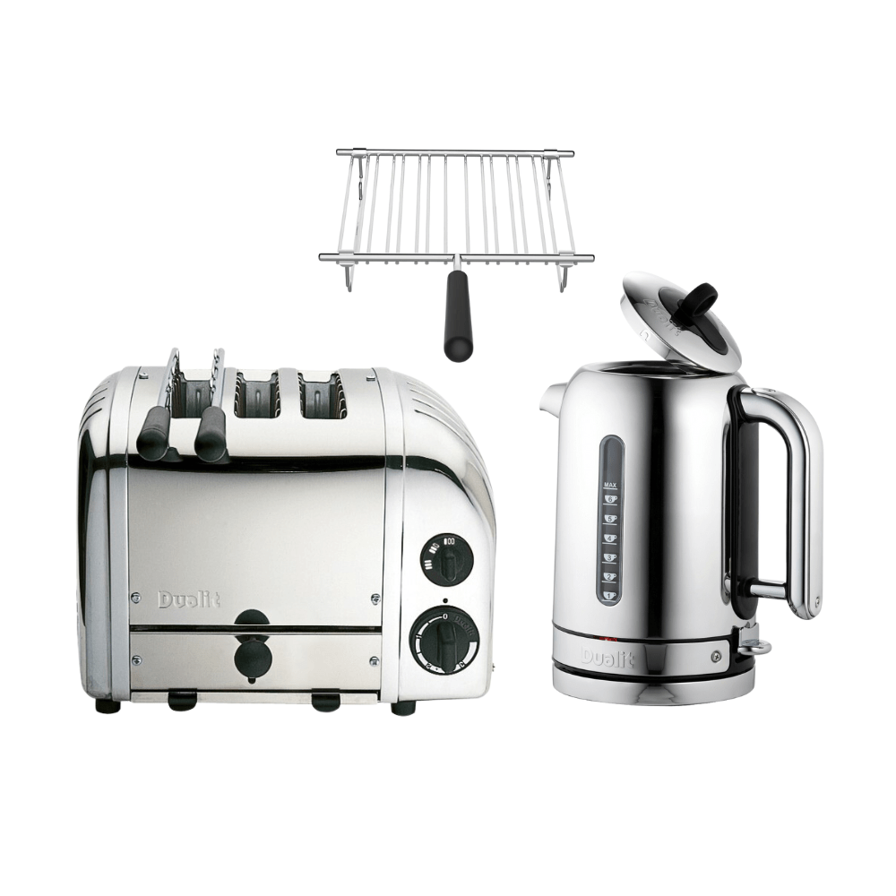 Dualit Frühstücksset inkl. 3er Toaster (inkl. Sandwichzange) + 1,7 L Wasserkocher und Brötchenaufsatz