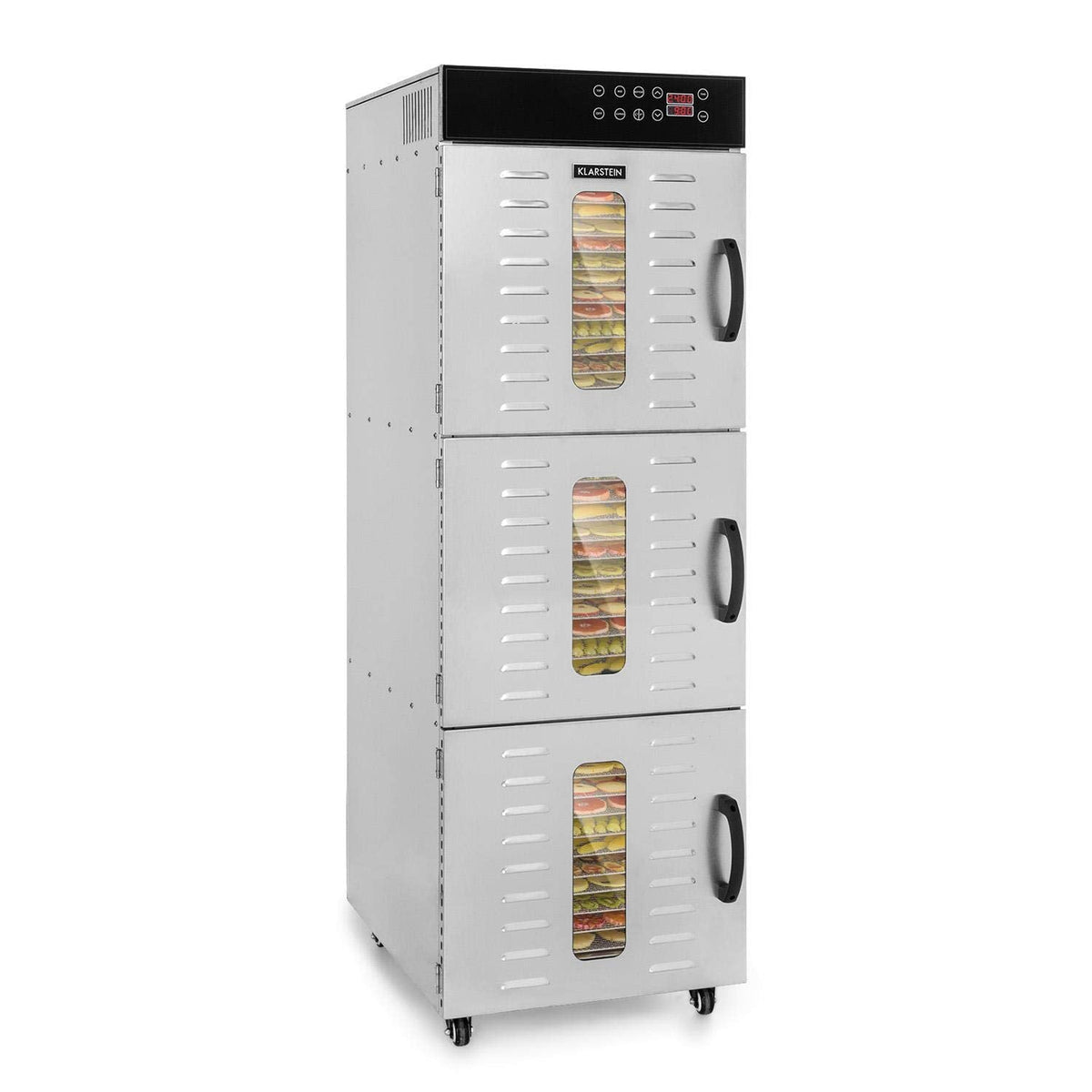 Klarstein Dörrautomat Edelstahl – 4.000-W-Dörrgerät, 48 Edelstahl-Einlegeböden, 30–90 °C, 24-Stunden-Timer, 6 Ventilatoren, 2 Trockenkammern, 50–55 dB, ideal für Obst, Gemüse, Fleisch, Kräuter, Silber