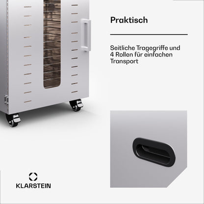 Klarstein Dörrautomat Edelstahl – 4.000-W-Dörrgerät, 48 Edelstahl-Einlegeböden, 30–90 °C, 24-Stunden-Timer, 6 Ventilatoren, 2 Trockenkammern, 50–55 dB, ideal für Obst, Gemüse, Fleisch, Kräuter, Silber