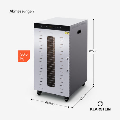 Klarstein Dörrautomat Edelstahl – 4.000-W-Dörrgerät, 48 Edelstahl-Einlegeböden, 30–90 °C, 24-Stunden-Timer, 6 Ventilatoren, 2 Trockenkammern, 50–55 dB, ideal für Obst, Gemüse, Fleisch, Kräuter, Silber