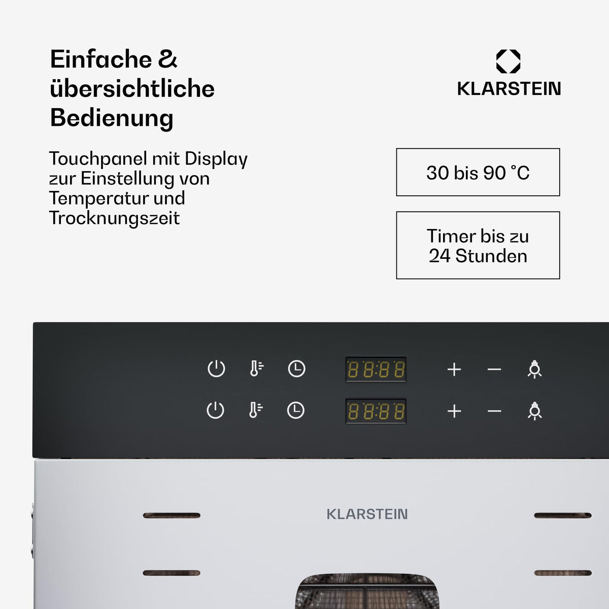 Klarstein Dörrautomat Edelstahl – 4.000-W-Dörrgerät, 48 Edelstahl-Einlegeböden, 30–90 °C, 24-Stunden-Timer, 6 Ventilatoren, 2 Trockenkammern, 50–55 dB, ideal für Obst, Gemüse, Fleisch, Kräuter, Silber