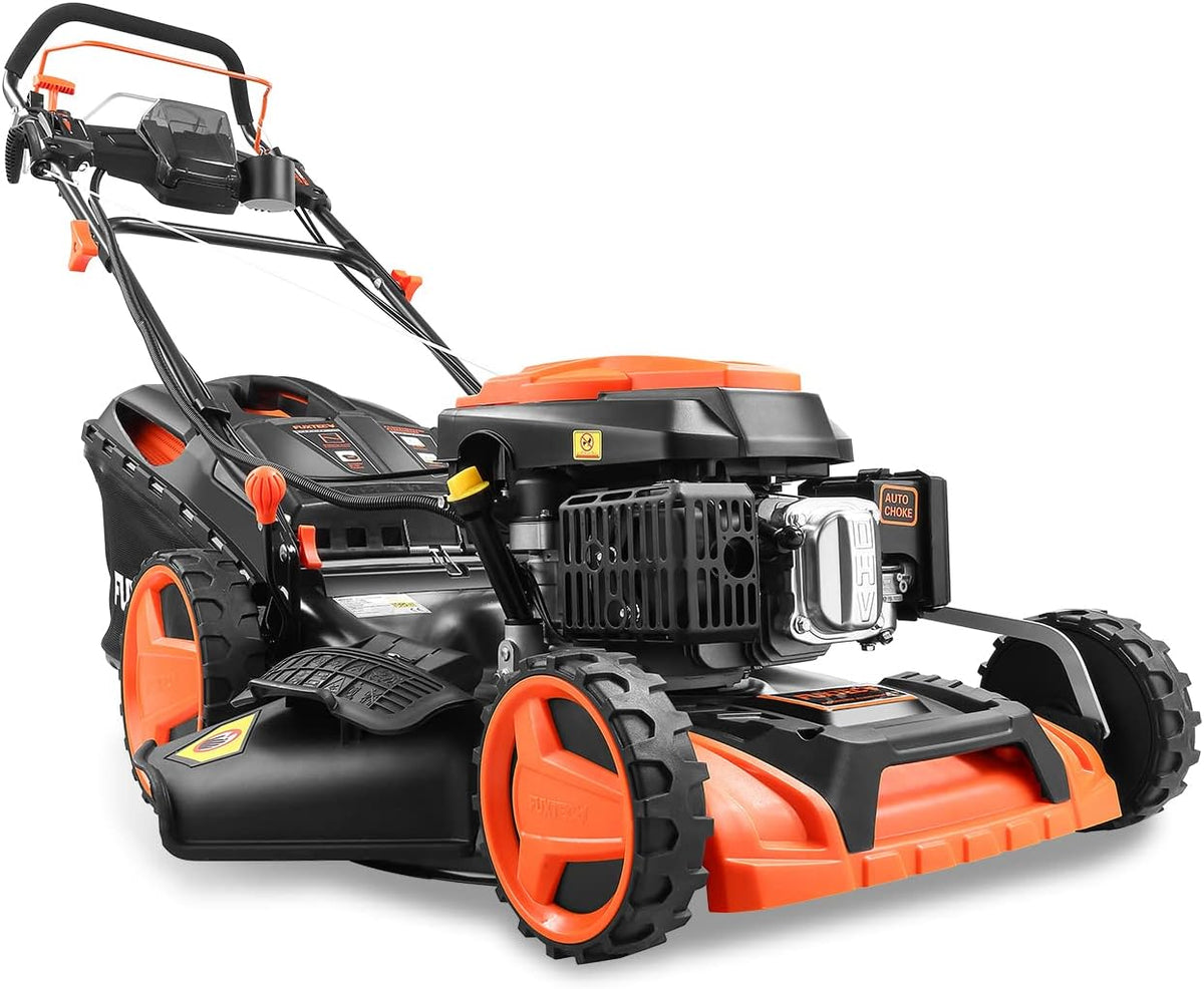FUXTEC 4in1 Benzin Rasenmäher FX-RM5196eSPRO mit E-Start und regulierbarem Selbstantrieb, Gartenmäher inkl. Frontstoßstange, 51 cm Schnittbreite, kugelgelagerte Big Wheel Räder, 60L Grasfangkorb