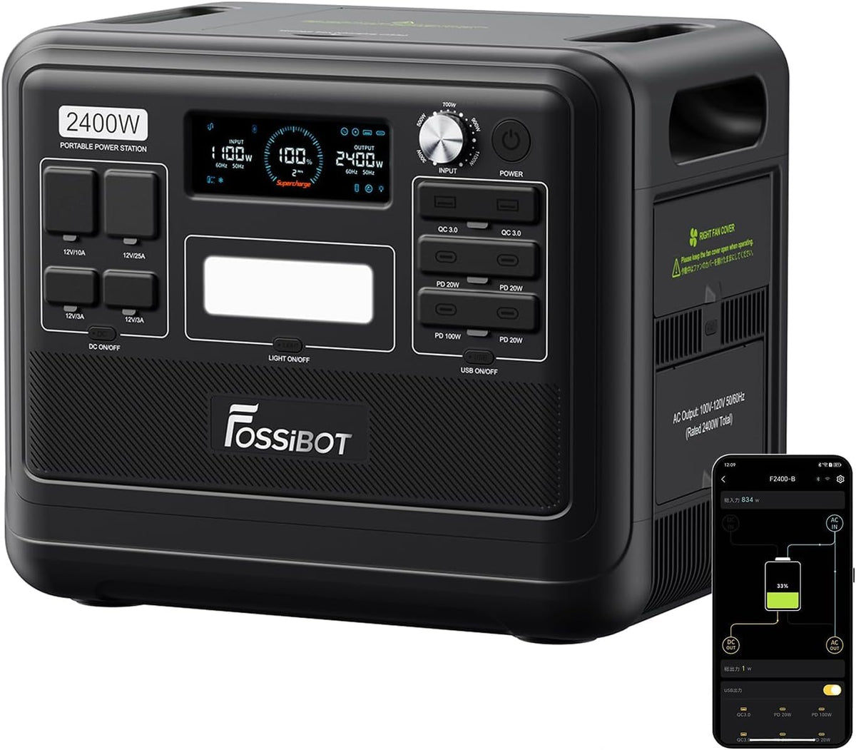 FOSSiBOT Tragbare Powerstation F2400, Solargenerator 2048Wh LiFePO4 Batterie-Backup mit 2400W 3X AC Ausgängen (4800W Peak) 230V, Power Station für Outdoor-Camping, Wohnmobil-Reisen, Hausgebrauch
