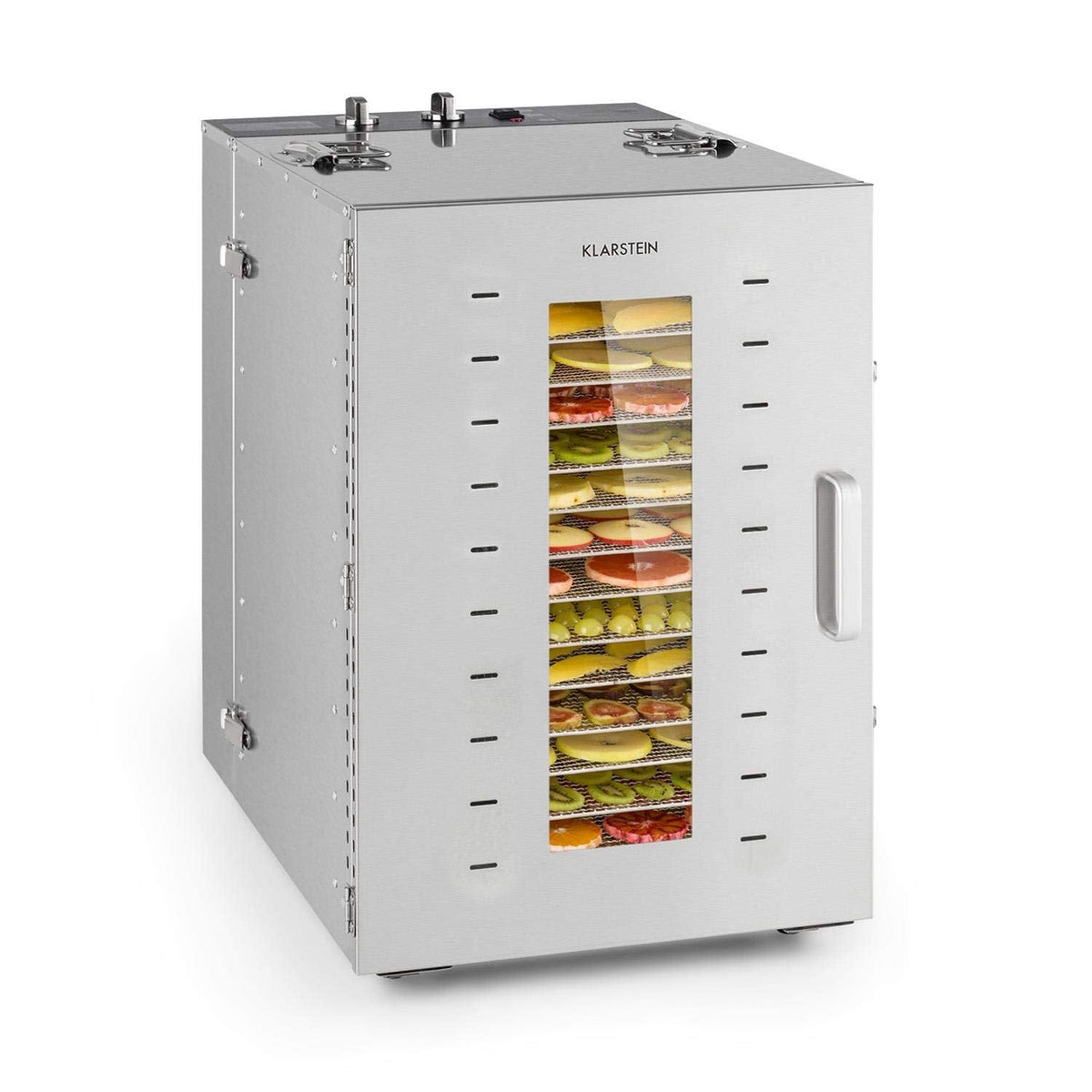 Klarstein Dörrautomat Edelstahl – 4.000-W-Dörrgerät, 48 Edelstahl-Einlegeböden, 30–90 °C, 24-Stunden-Timer, 6 Ventilatoren, 2 Trockenkammern, 50–55 dB, ideal für Obst, Gemüse, Fleisch, Kräuter, Silber