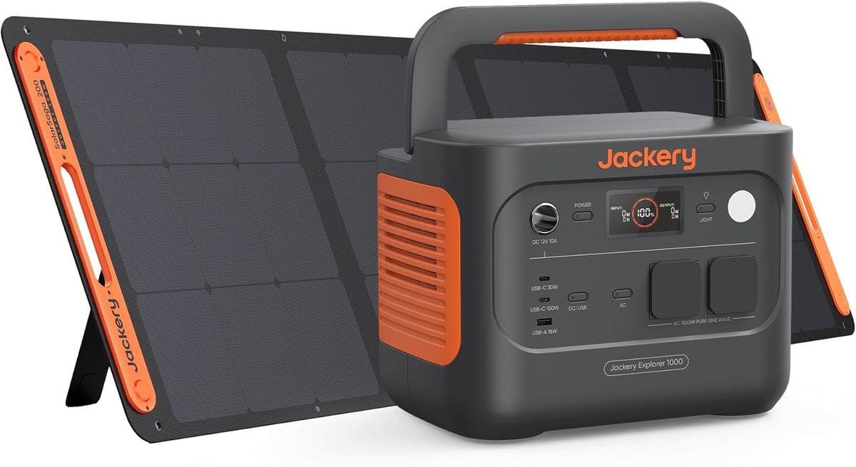 Jackery Powerstation 1000 v2 mit 200W Solarpanel, 1070Wh LiFePO4 Solargenerator, 1500W AC/100W USB-C Ausgang,1 Std. Schnellladung für Camping, Wohnmobil, Notfall