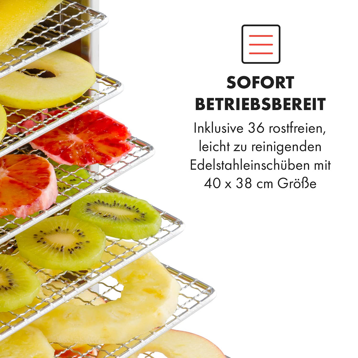 Klarstein Dörrautomat Edelstahl – 4.000-W-Dörrgerät, 48 Edelstahl-Einlegeböden, 30–90 °C, 24-Stunden-Timer, 6 Ventilatoren, 2 Trockenkammern, 50–55 dB, ideal für Obst, Gemüse, Fleisch, Kräuter, Silber