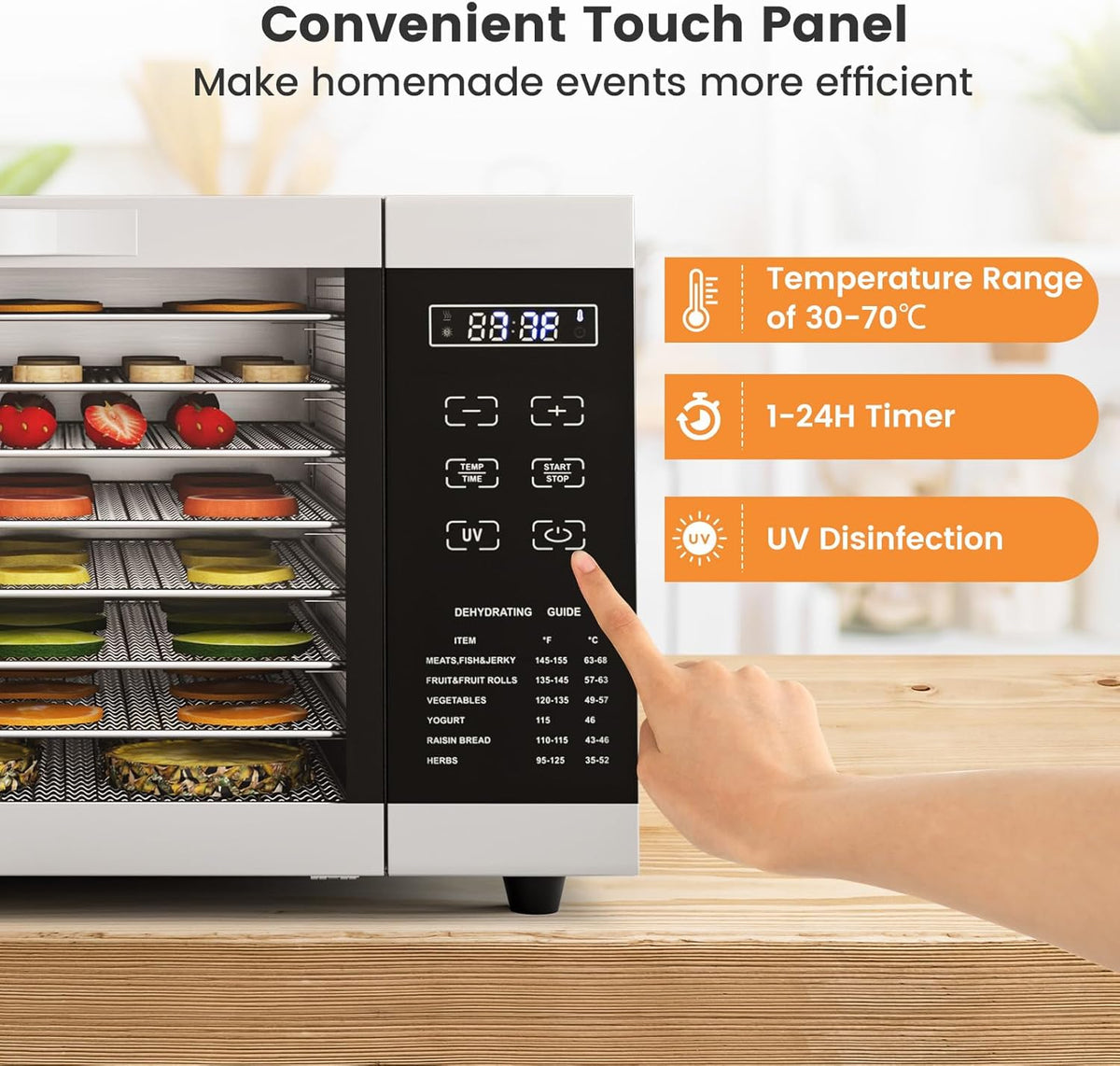 RELAX4LIFE Dörrautomat Edelstahl, Dörrgerät Temperatur einstellbar 30-70℃, Food Dehydrator inkl. 8 Edelstahl-Dörrtabletts, Touch-Display, 24 Std, für Lebensmittel Fleisch Früchte Gemüse