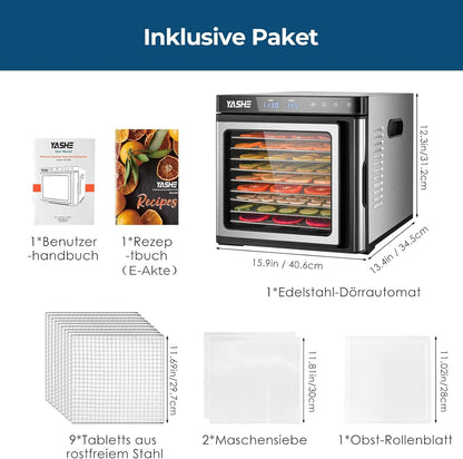 Edelstahl Dörrautomat, 1000W Dörrgerät für Obst und Gemüse mit LED-Anzeige, präziser Temperaturregelung (35-75°C), 48-Stunden-Timer, 9 Edelstahlschalen, 2 Maschensiebe, 1 Schale für Obstrollen