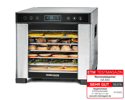 ROMMELSBACHER Dörrautomat DA 1000, XXL-Dörrfläche 1,6 m², inkl. 10 Edelstahl-Dörrtabletts, 2 Dörrgitter, 2 Dörrmatten, LED-Display, 24 Std. Zeitschaltuhr, Temperatur einstellbar (35 °C – 75 °C)