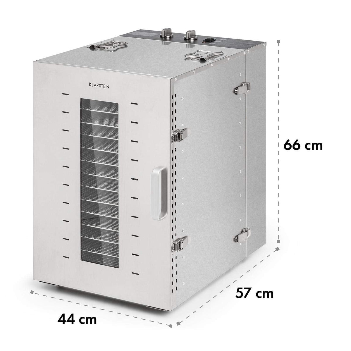 Klarstein Dörrautomat Edelstahl – 4.000-W-Dörrgerät, 48 Edelstahl-Einlegeböden, 30–90 °C, 24-Stunden-Timer, 6 Ventilatoren, 2 Trockenkammern, 50–55 dB, ideal für Obst, Gemüse, Fleisch, Kräuter, Silber