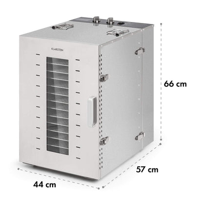Klarstein Dörrautomat Edelstahl – 4.000-W-Dörrgerät, 48 Edelstahl-Einlegeböden, 30–90 °C, 24-Stunden-Timer, 6 Ventilatoren, 2 Trockenkammern, 50–55 dB, ideal für Obst, Gemüse, Fleisch, Kräuter, Silber