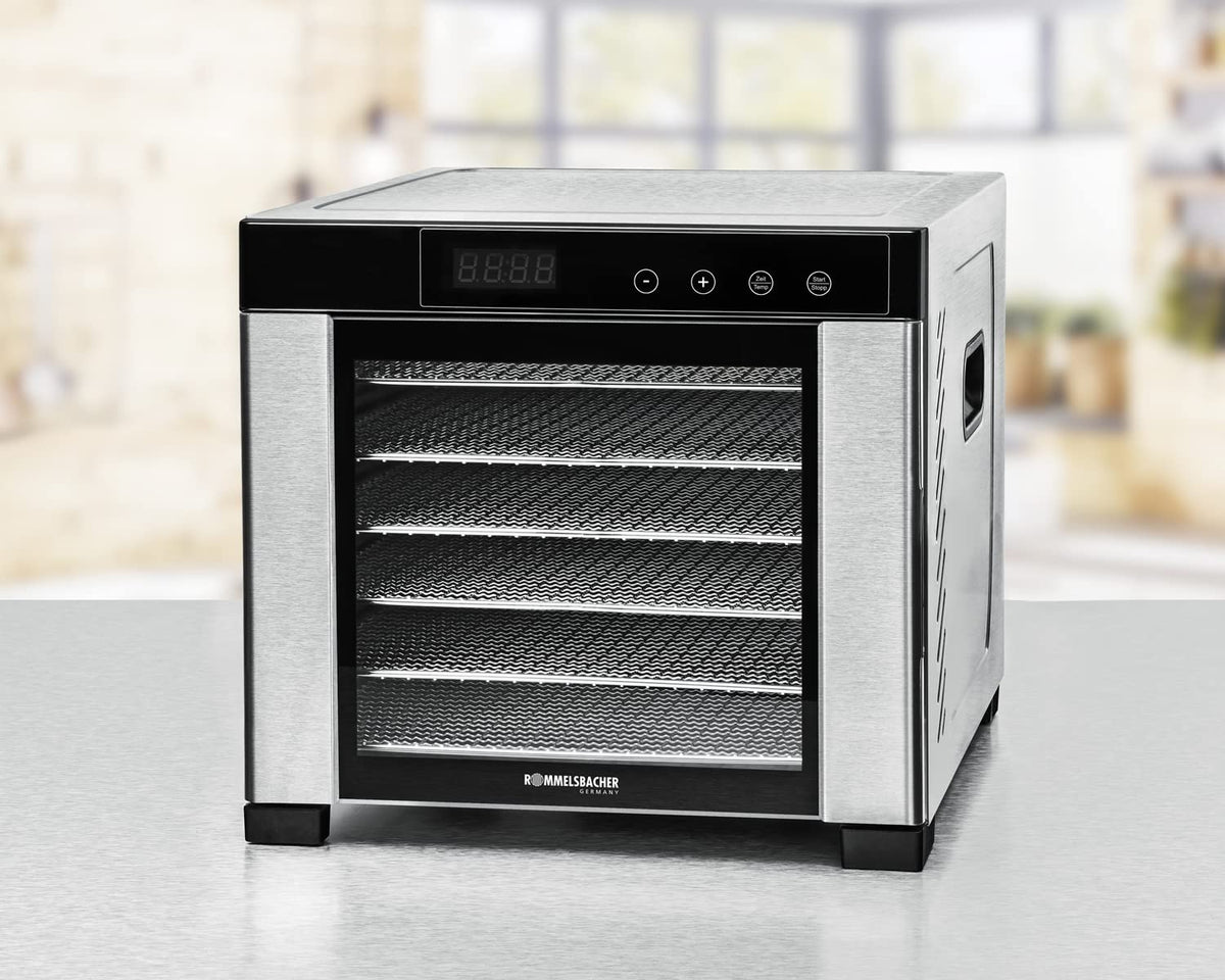 ROMMELSBACHER Dörrautomat DA 1000, XXL-Dörrfläche 1,6 m², inkl. 10 Edelstahl-Dörrtabletts, 2 Dörrgitter, 2 Dörrmatten, LED-Display, 24 Std. Zeitschaltuhr, Temperatur einstellbar (35 °C – 75 °C)