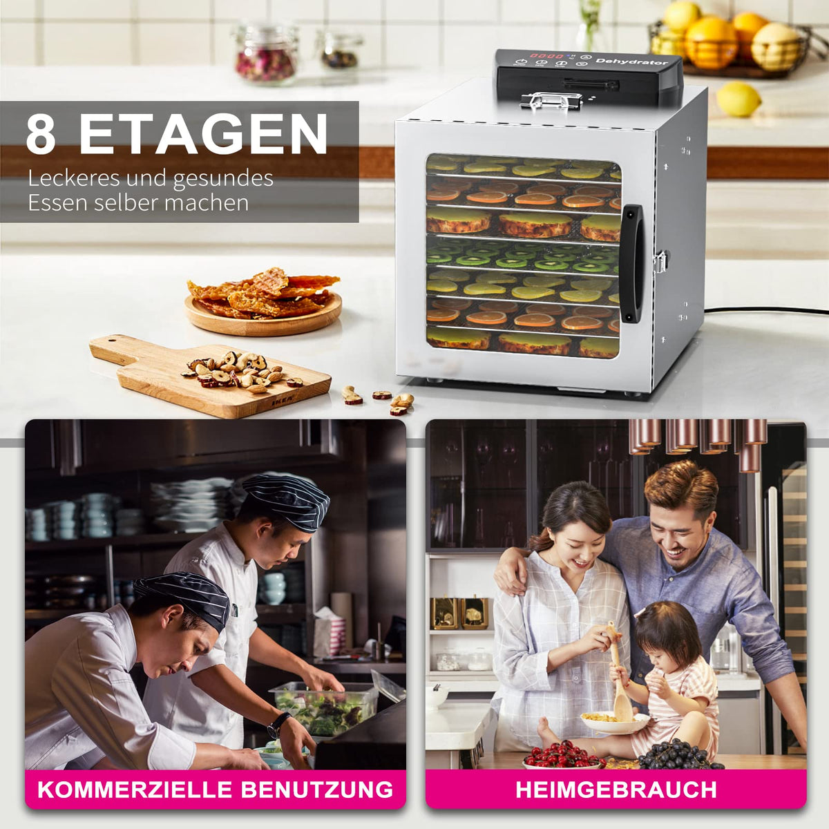 Lecon Dehydrator Stainless Steel Dehydrator Food 30-90°C, 24-Hour Timer Dehydrator for Food, Meat, Fruit, Vegetable Dryer, Fruit Dryer, Dehydrator with Apron, Sealed Tank (8 Levels)