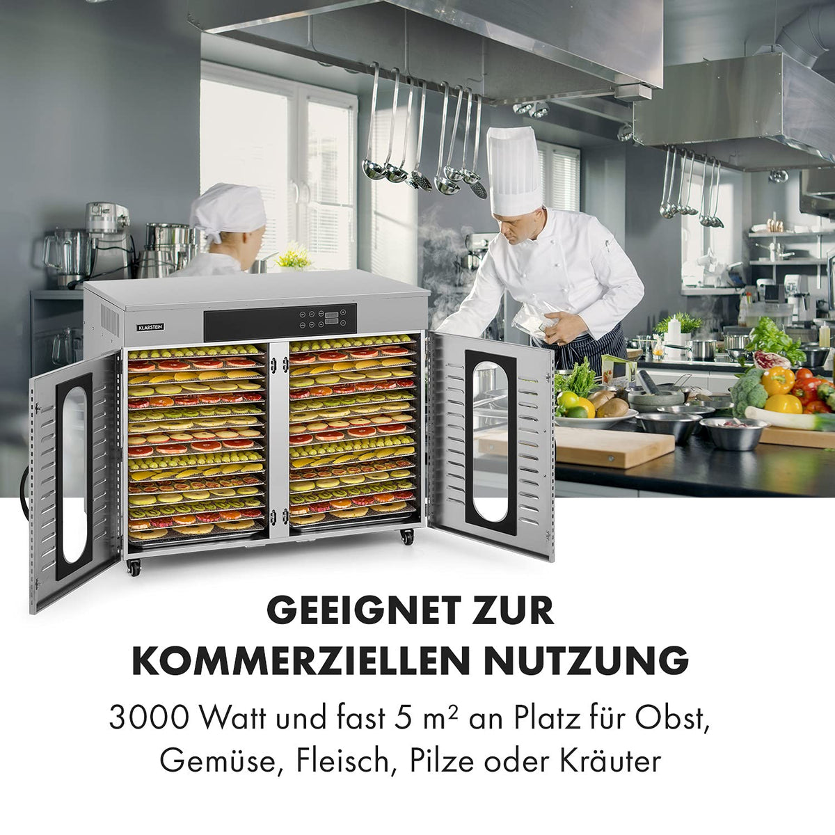Klarstein Dörrautomat Edelstahl – 4.000-W-Dörrgerät, 48 Edelstahl-Einlegeböden, 30–90 °C, 24-Stunden-Timer, 6 Ventilatoren, 2 Trockenkammern, 50–55 dB, ideal für Obst, Gemüse, Fleisch, Kräuter, Silber