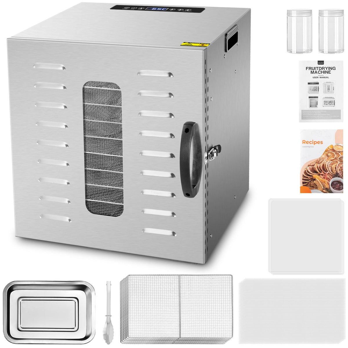 Kwasyo Dörrautomat Edelstahl DA 1000, XXL-Dörrfläche 1,8 m², Dörrgerät Temperatur einstellbar 30-90℃, LED-Display, 24 Std, BPA-frei, mit Rezeptheft, 10 Edelstahl-Dörrtabletts