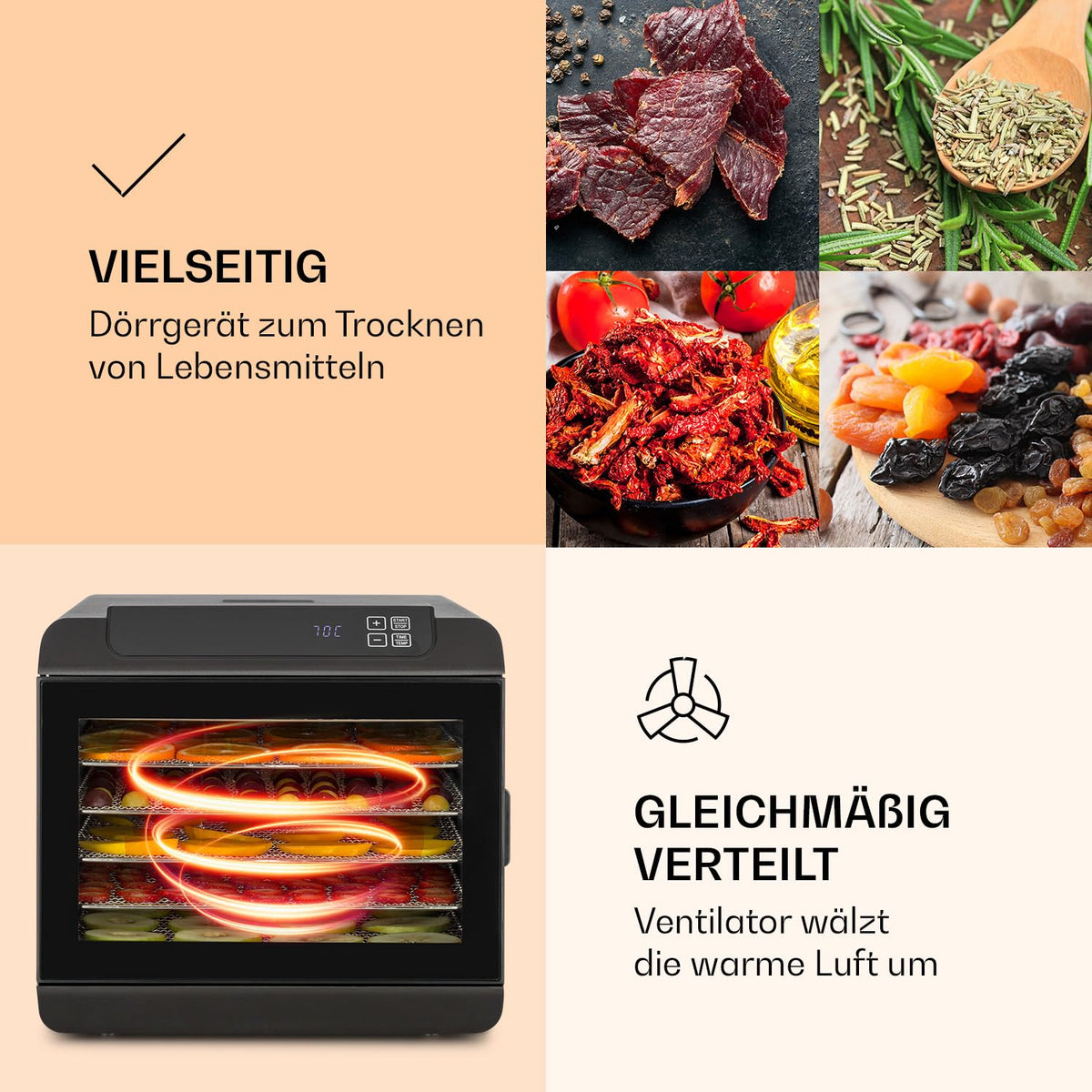 Klarstein Arizona Jerky Dörrautomat - Dörrgerät, Dehydrator, trocknet Obst, Fleisch und Früchte, 500 Watt, 35-70°C, 6 spülmaschinenfeste Einlagefächer, kurze Trockenzeit, Touch-Display, schwarz