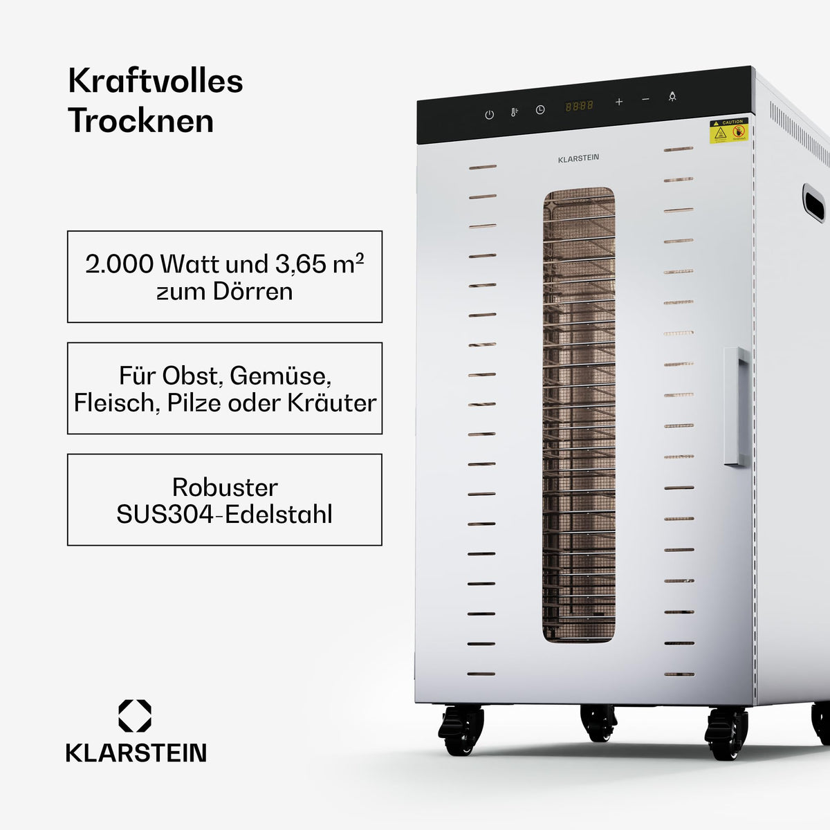 Klarstein Dörrautomat Edelstahl – 4.000-W-Dörrgerät, 48 Edelstahl-Einlegeböden, 30–90 °C, 24-Stunden-Timer, 6 Ventilatoren, 2 Trockenkammern, 50–55 dB, ideal für Obst, Gemüse, Fleisch, Kräuter, Silber