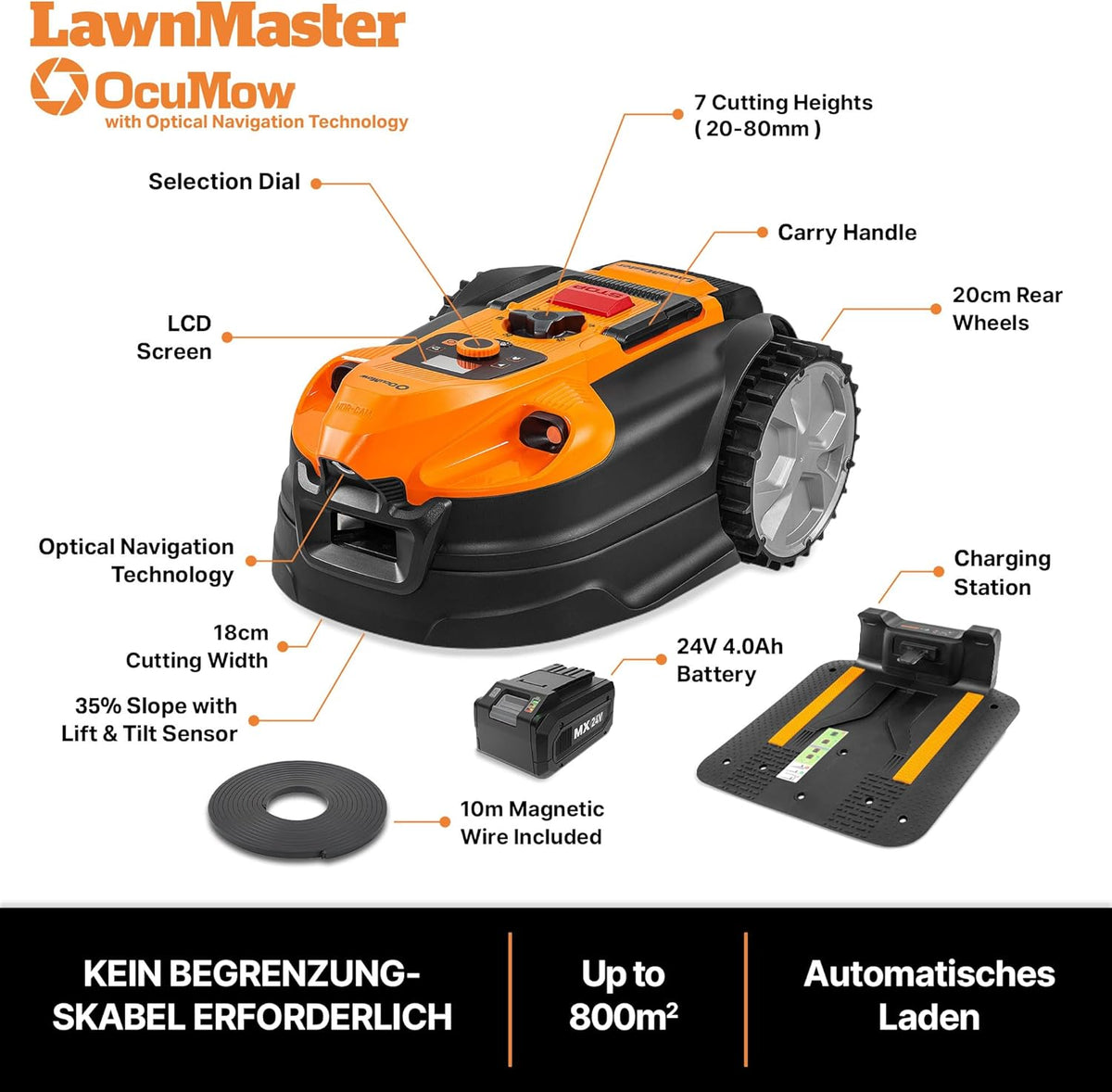 LawnMaster VBRM18AMID4R Mähroboter 800 m², ohne Kabel, WiFi & App