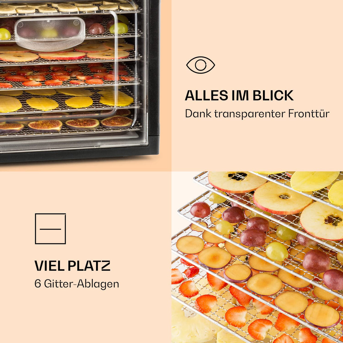 Klarstein Dörrautomat, Dörrgerät, Food Dehydrator, Dörrautomat aus Metall, Dehydrator Food Dryer, 9 Ablagen, 700 Watt, Touch-Display, Timer, Edelstahlheizelement, HotAir Circulation System, Schwarz