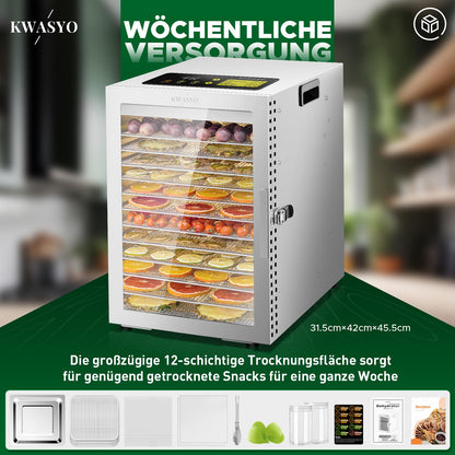 Kwasyo Dehydrator Stainless Steel, Double Fan 360° Efficient Dry, Dehydrator 12 Levels, 20-90°C Temperature Control, 24 Hour Timer, Overheating Protection, Recipe Book for Meat, Fruit, Vegetables,