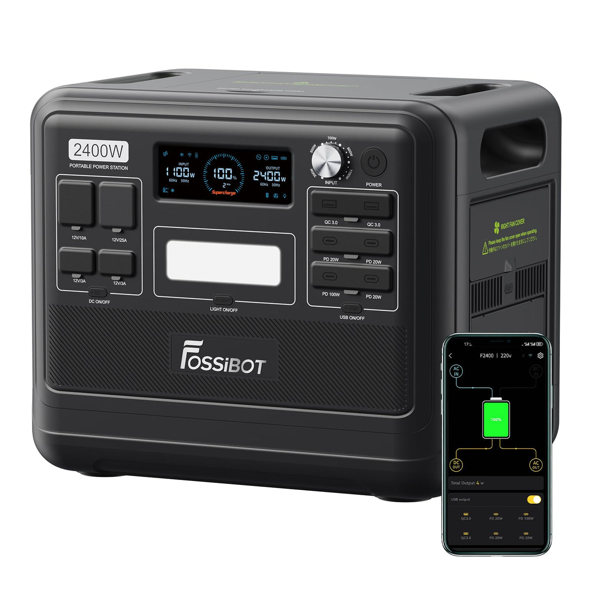 FOSSiBOT F2400 Solar Generator mit 200W Solar Panel, 2400W Tragbare Powerstation 2048Wh LiFePO4 with 3AC Ausgabe (4800W Peak), 13 Steckdosen Stromspeicher für Outdoor, Camping im Wohnmobil Backup