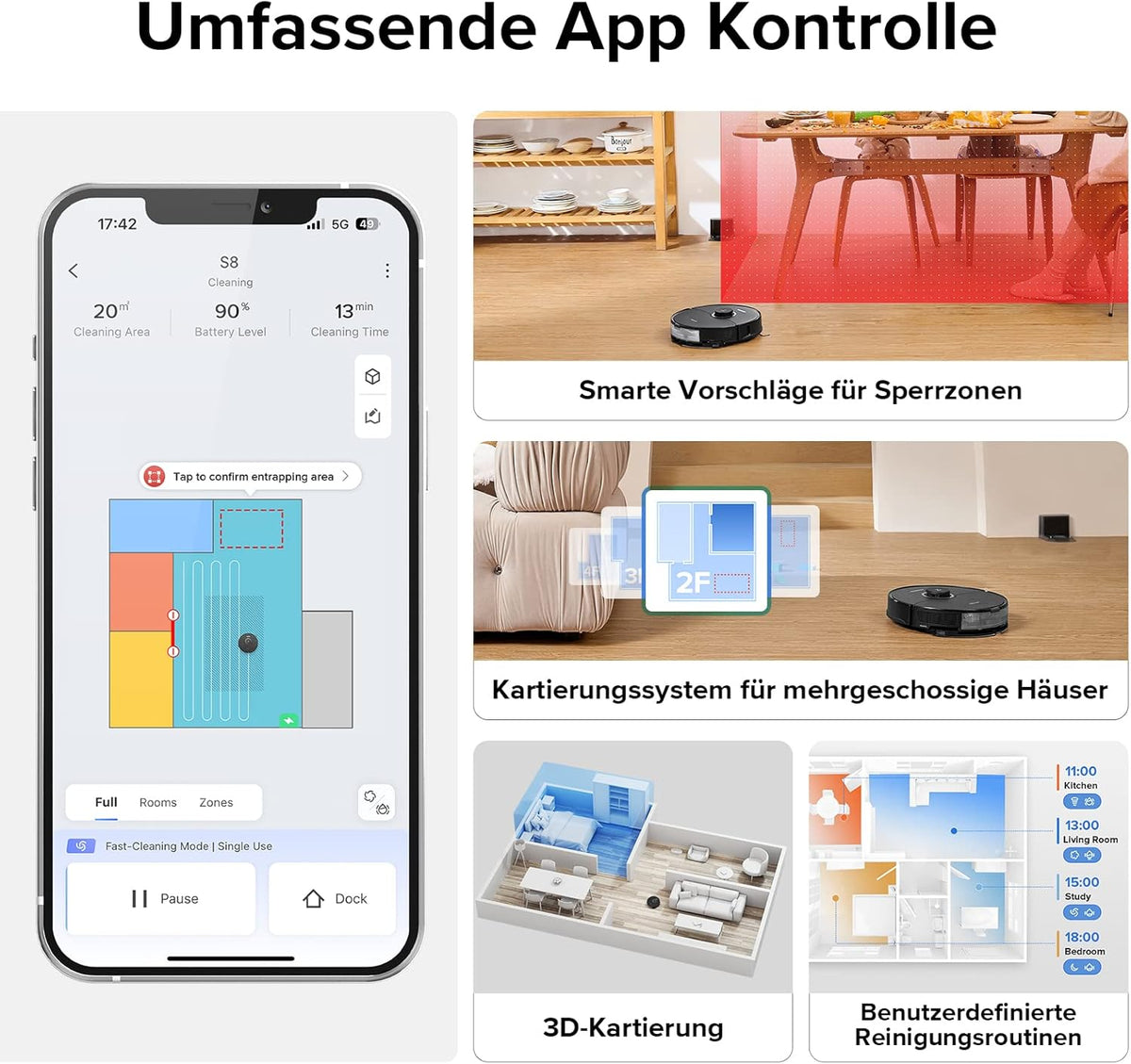 Roborock S8, 6000Pa, Doppelbürste, 3D Hindernisvermeidung, Alexa-kompatibel, Tierhaare