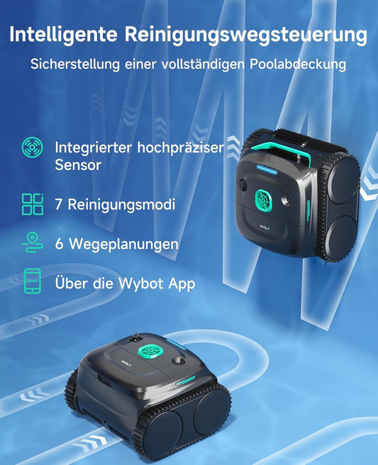 WYBOT C2 Poolroboter Akku, Boden & Wand, bis 150㎡, Doppelfilter, 3 Motoren, Wandkletter, 183 Min, App, Schwarz-Grün B