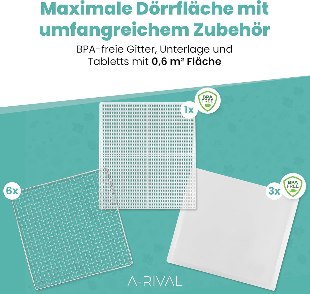 A-rival Dehydrator, Stainless Steel Dehydrator, Touch Control, Professional Dehydrator Stainless Steel, 24 Hour Timer, 6 Drying Trays + 3 Drying Mats, BPA-Free, 35 °C to 75 °C, Quiet Operation, 360°