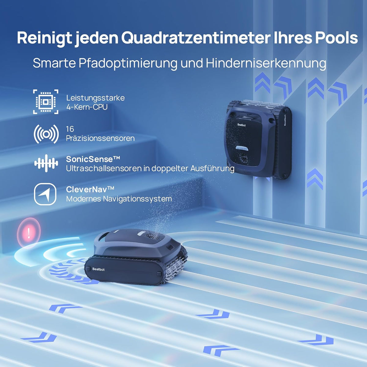 Beatbot AquaSense 2 Akku Poolroboter, Boden & Wand, Wasserlinie doppelt, bis 300㎡, Midnight Blue