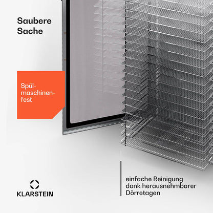 Klarstein Dörrgerät, Dörrautomat für Gemüse, Obst, Pilze & Fleisch, 1500W Edelstahl-Dörrautomat, Trockenautomat mit 16 Metallgitter, Dörrgerät mit 24H Timer & Touch-Display, Food Dehydrator