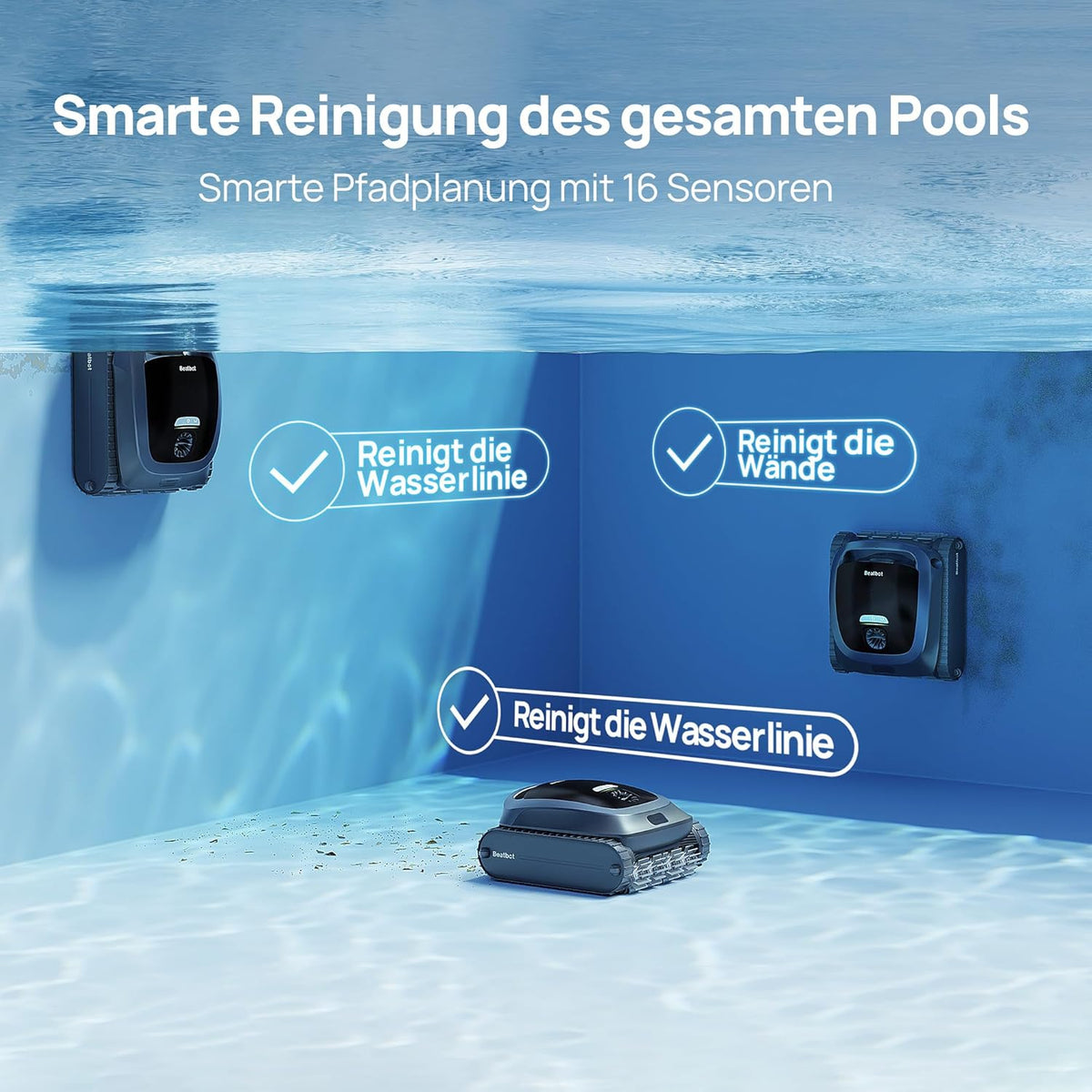 Beatbot AquaSense 2 Akku Poolroboter, Boden & Wand, Wasserlinie doppelt, bis 300㎡, Midnight Blue