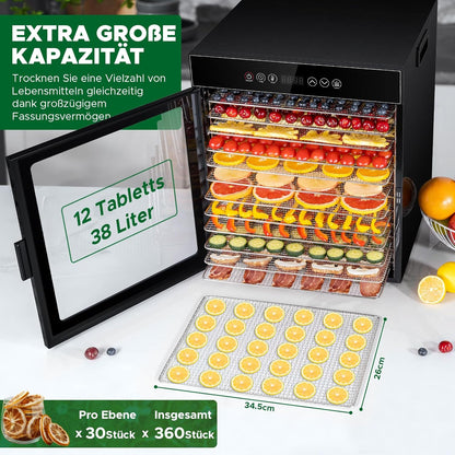 Kwasyo Dörrautomat Edelstahl, Dörrgerät 12 Etagen Ganz in Schwarz, 30-90℃ Temperaturregelung, 24 Stunden Timer, Rezeptheft für Fleisch Obst Gemüse Kräuter, 1000W, LT-09