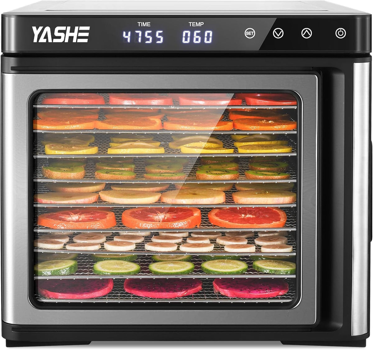 Edelstahl Dörrautomat, 1000W Dörrgerät für Obst und Gemüse mit LED-Anzeige, präziser Temperaturregelung (35-75°C), 48-Stunden-Timer, 9 Edelstahlschalen, 2 Maschensiebe, 1 Schale für Obstrollen