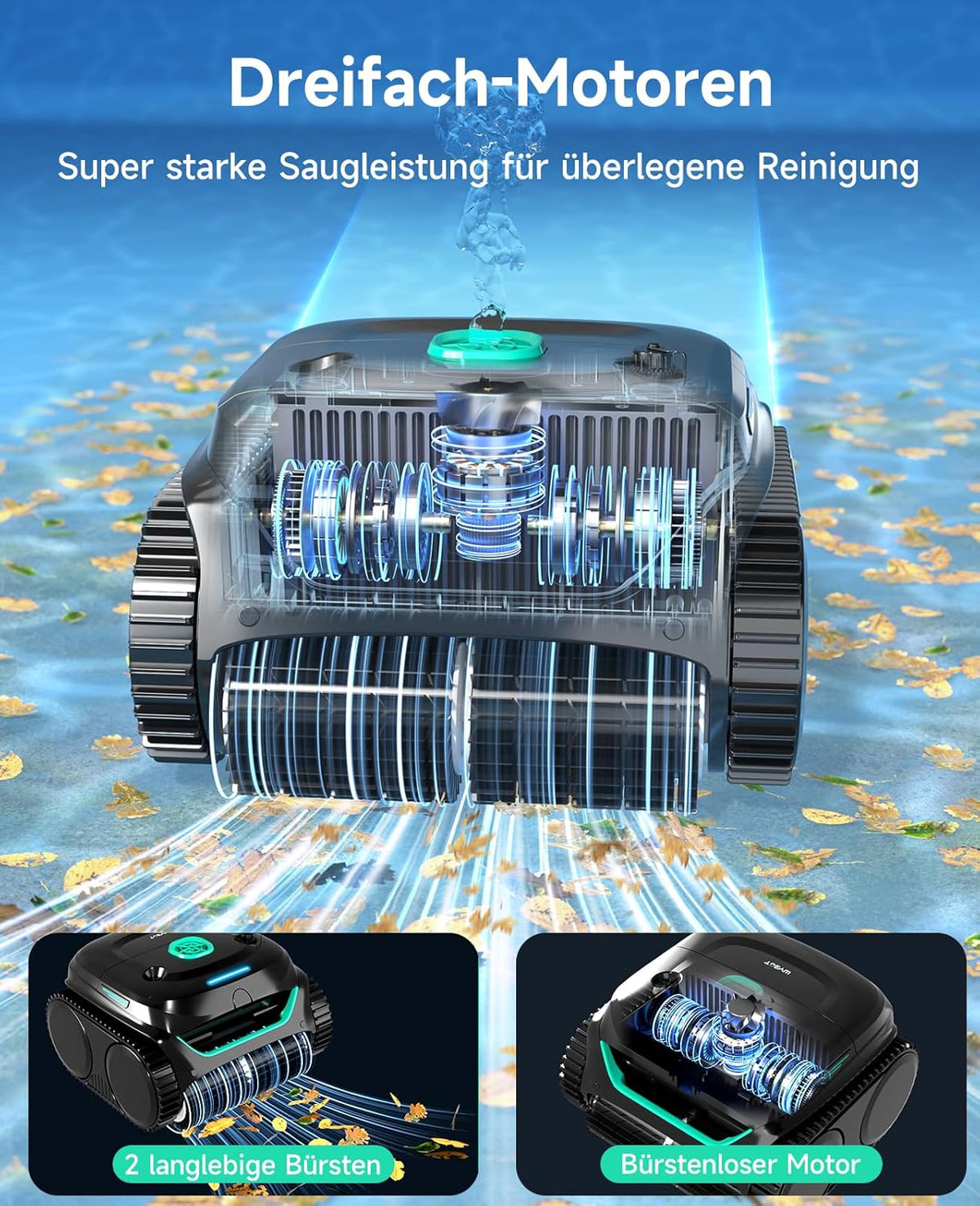 WYBOT C2 Poolroboter Akku, Boden & Wand, bis 150㎡, Doppelfilter, 3 Motoren, Wandkletter, 183 Min, App, Schwarz-Grün B