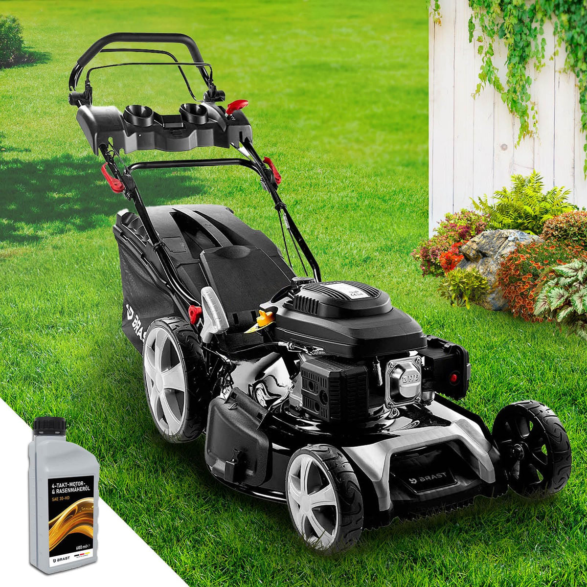 BRAST® Benzin Rasenmäher mit Antrieb | 5,2kW (7PS) | 55cm Schnittbreite | viele Modelle | TÜV | 30-80mm Schnitthöhe | 60L Fangkorb | 4 Takt OHV Motor | Stahlgehäuse | Speed