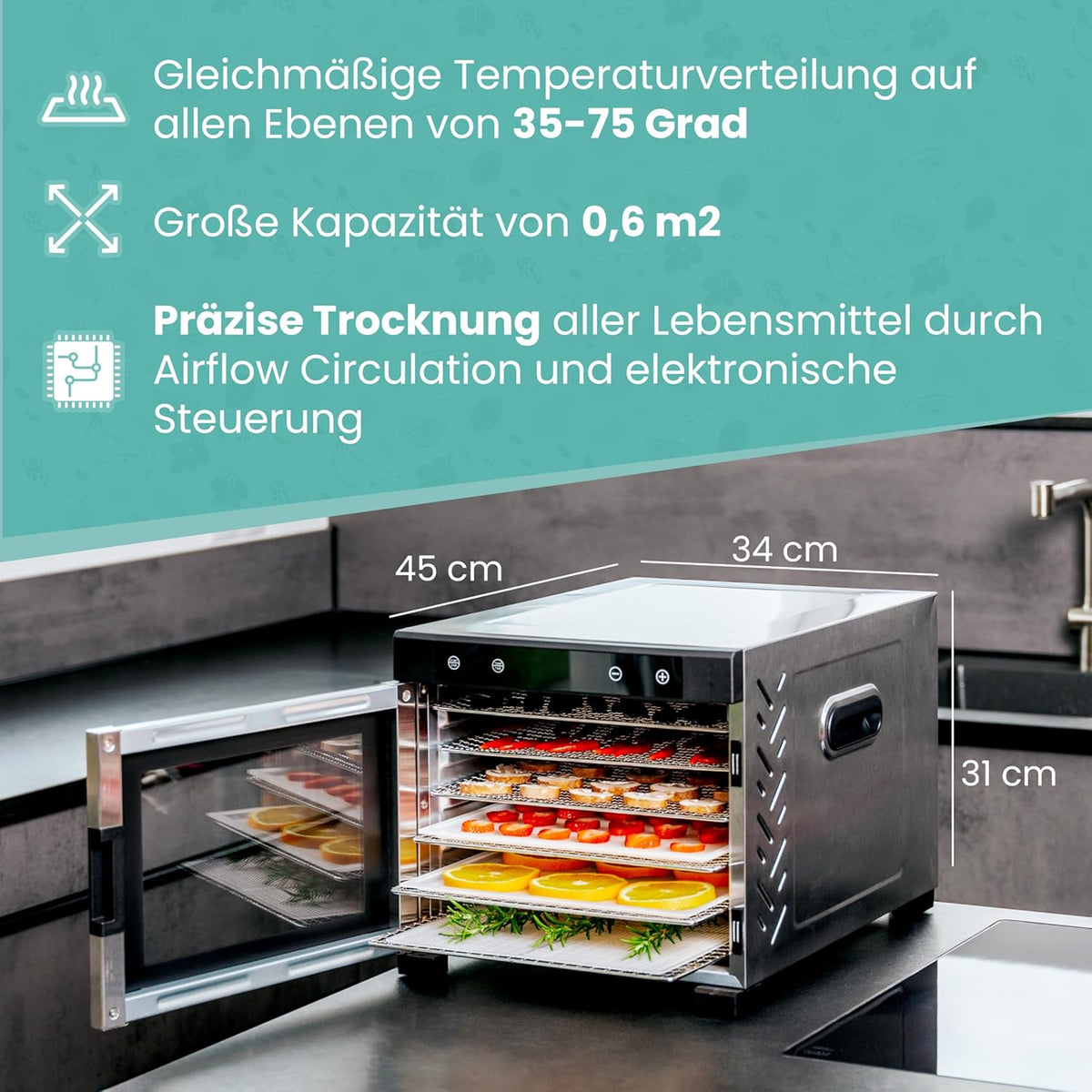 A-rival Dehydrator, Stainless Steel Dehydrator, Touch Control, Professional Dehydrator Stainless Steel, 24 Hour Timer, 6 Drying Trays + 3 Drying Mats, BPA-Free, 35 °C to 75 °C, Quiet Operation, 360°