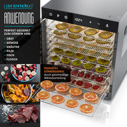 Arendo - Stainless steel dehydrator 8-fold - 500 watts with temperature control - dehydrator for food meat fruits fruit mushrooms - timer up to 24 hours - 8 compartments - GS - dehydrator