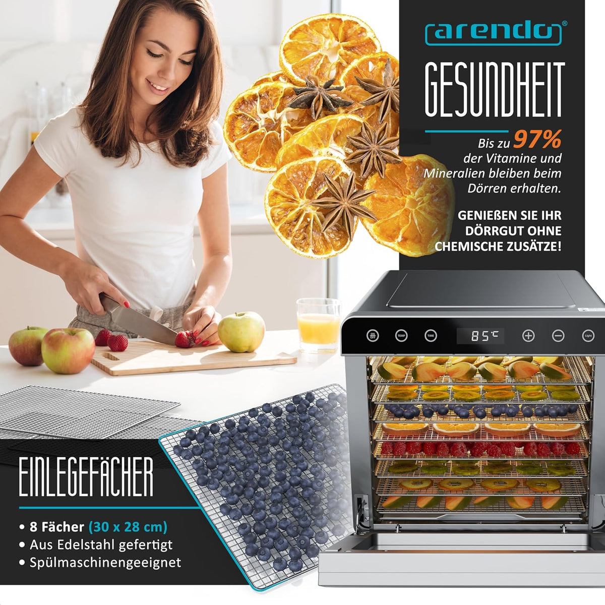 Arendo - Dörrautomat Edelstahl mit 8 Edelstahlgitter - 700 W - 35°-85°C - 8 Edelstahl Einlegetabletts mit insgesamt 6700 cm² - Dörrgerät Dehydrator Obsttrockner Dörrapparat - Obst Fleisch Pilze uvm