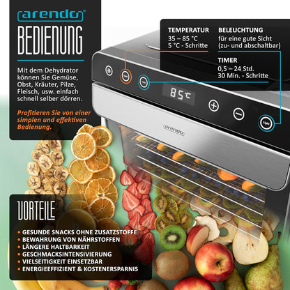 Arendo - Dörrautomat Edelstahl mit 8 Edelstahlgitter - 700 W - 35°-85°C - 8 Edelstahl Einlegetabletts mit insgesamt 6700 cm² - Dörrgerät Dehydrator Obsttrockner Dörrapparat - Obst Fleisch Pilze uvm