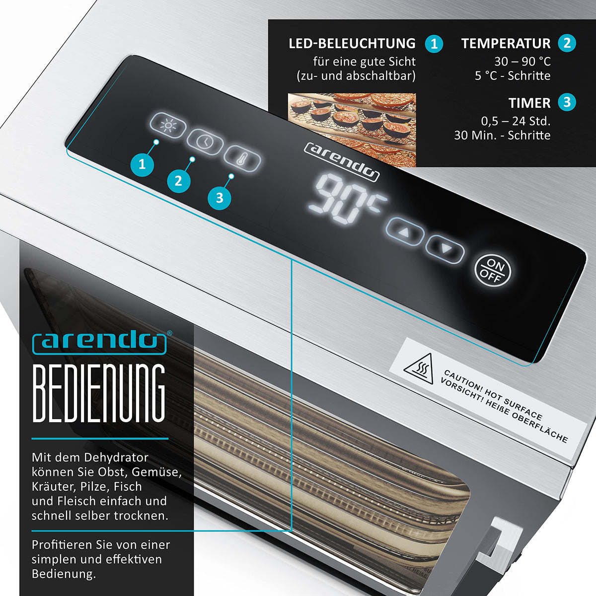 Arendo - Stainless steel dehydrator 8-fold - 500 watts with temperature control - dehydrator for food meat fruits fruit mushrooms - timer up to 24 hours - 8 compartments - GS - dehydrator