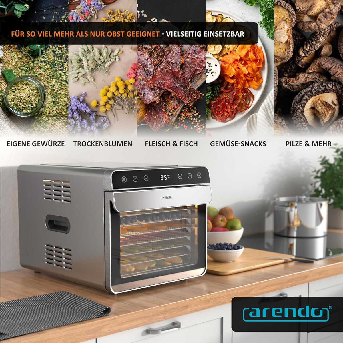 Arendo - Dörrautomat Edelstahl mit 8 Edelstahlgitter - 700 W - 35°-85°C - 8 Edelstahl Einlegetabletts mit insgesamt 6700 cm² - Dörrgerät Dehydrator Obsttrockner Dörrapparat - Obst Fleisch Pilze uvm