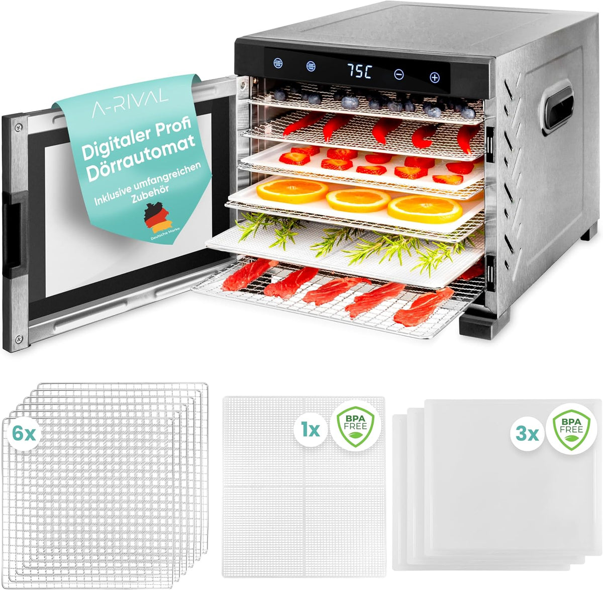 A-rival Dehydrator, Stainless Steel Dehydrator, Touch Control, Professional Dehydrator Stainless Steel, 24 Hour Timer, 6 Drying Trays + 3 Drying Mats, BPA-Free, 35 °C to 75 °C, Quiet Operation, 360°
