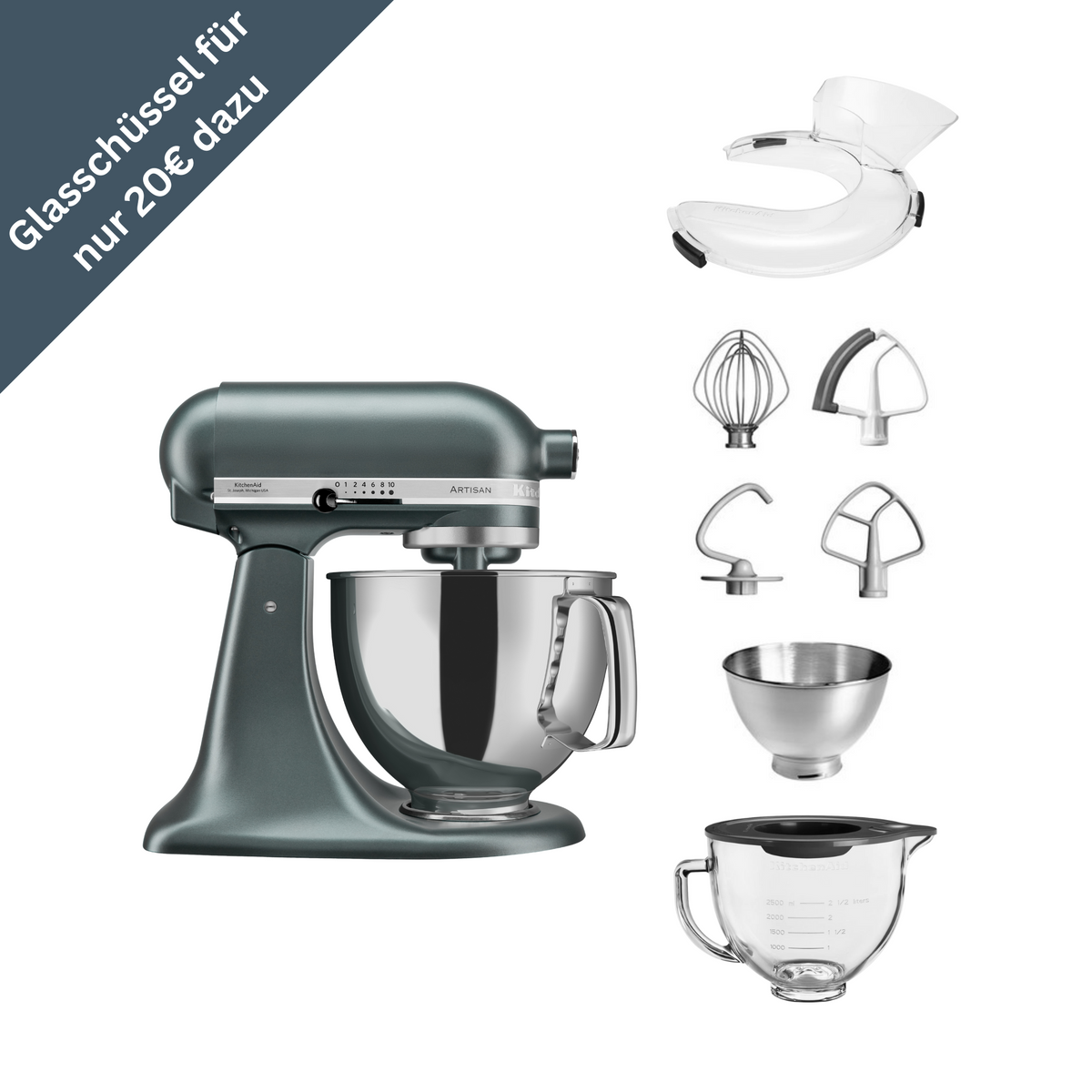 KitchenAid 4,8 L 5KSM175 Artisan Küchenmaschine Glasset mit Glasschüssel